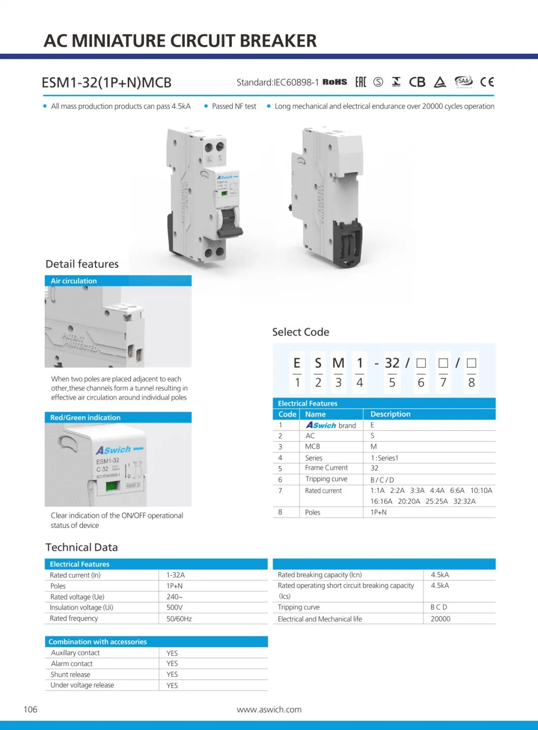 20A 32A 63A 2p 3p AC Mini Circuit Breaker MCB